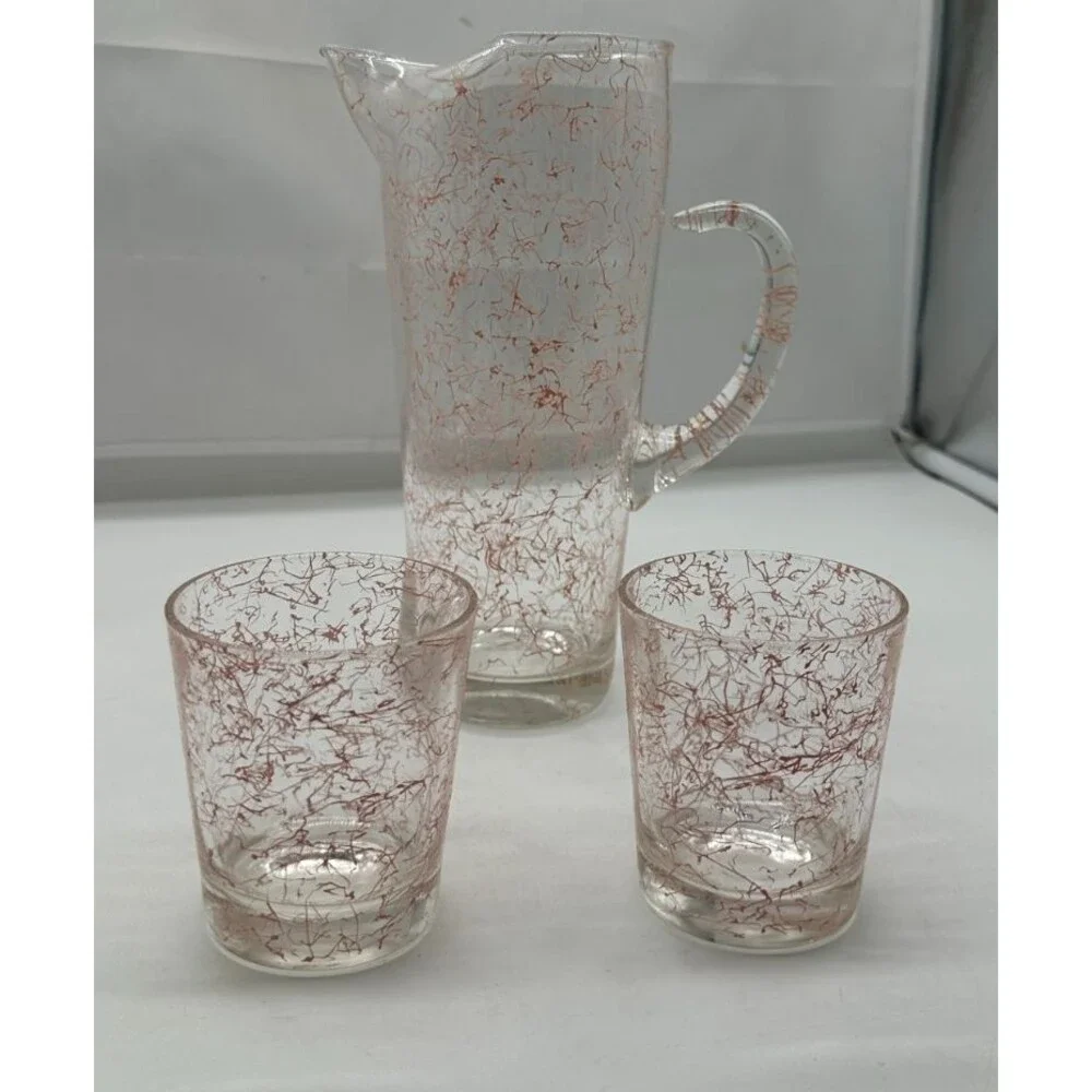 MCM ATLAS HAZEL   Pitcher Pink Spaghetti Splatter Drizzle & 2 Old Fashioned Cups